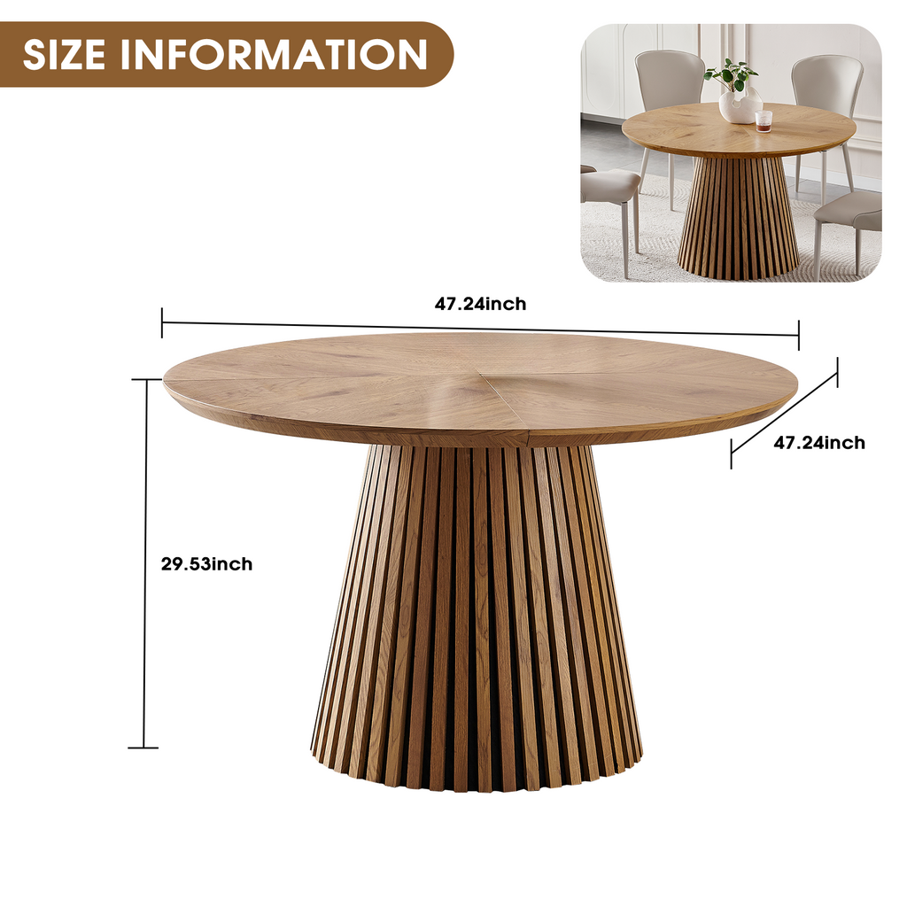 Round solid wood dining table from Anthony & Home's Atelier Collection with a smooth tabletop and sturdy wooden legs.