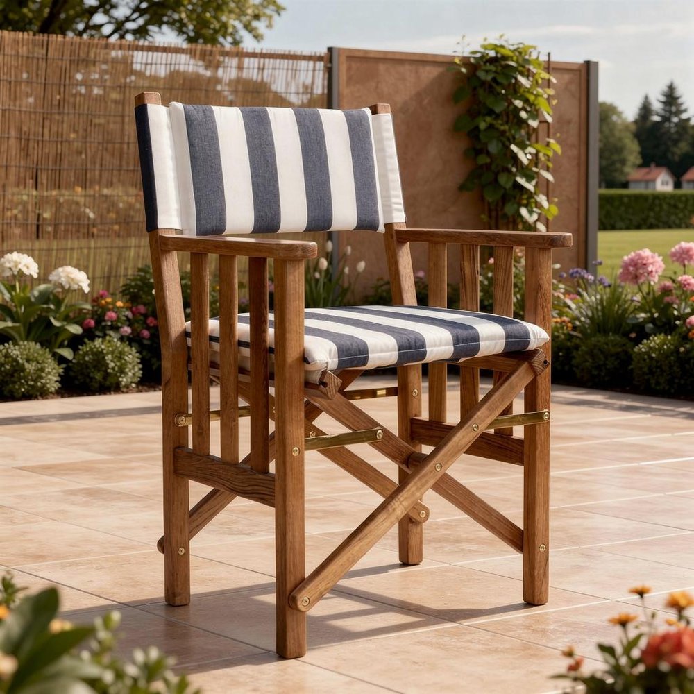 20" Blue and White and Natural Wood Solid Wood Indoor Outdoor Director Chair with Blue and White Cushion