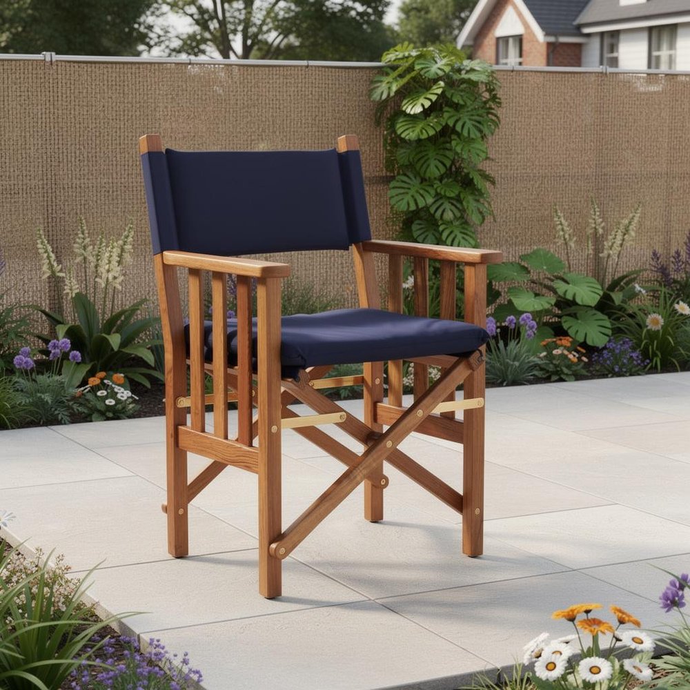 20" Navy Blue and Natural Wood Solid Wood Indoor Outdoor Director Chair with Navy Blue Cushion