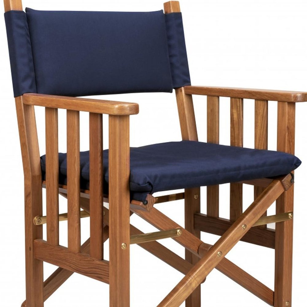 20" Navy Blue and Natural Wood Solid Wood Indoor Outdoor Director Chair with Navy Blue Cushion