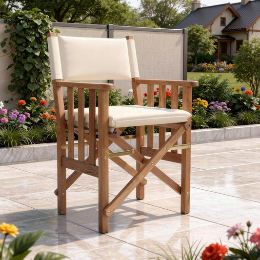 20" Ivory and Natural Wood Solid Wood Indoor Outdoor Director Chair with Ivory Cushion