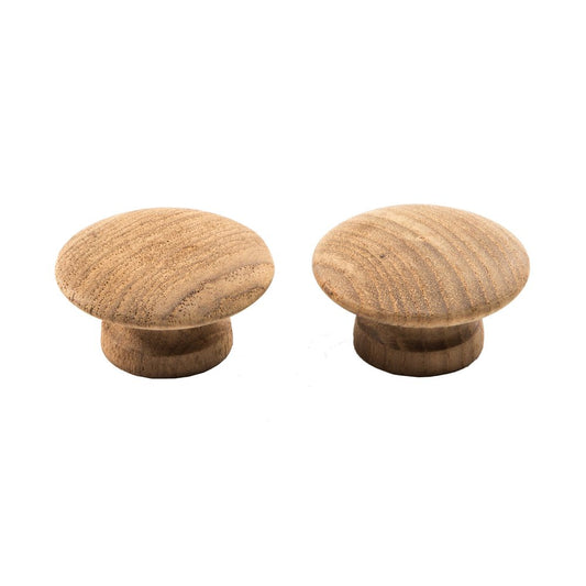 Set of two brown wood round drawer pull knobs from HomeRoots, showing smooth, classic circular design on a wooden surface.
