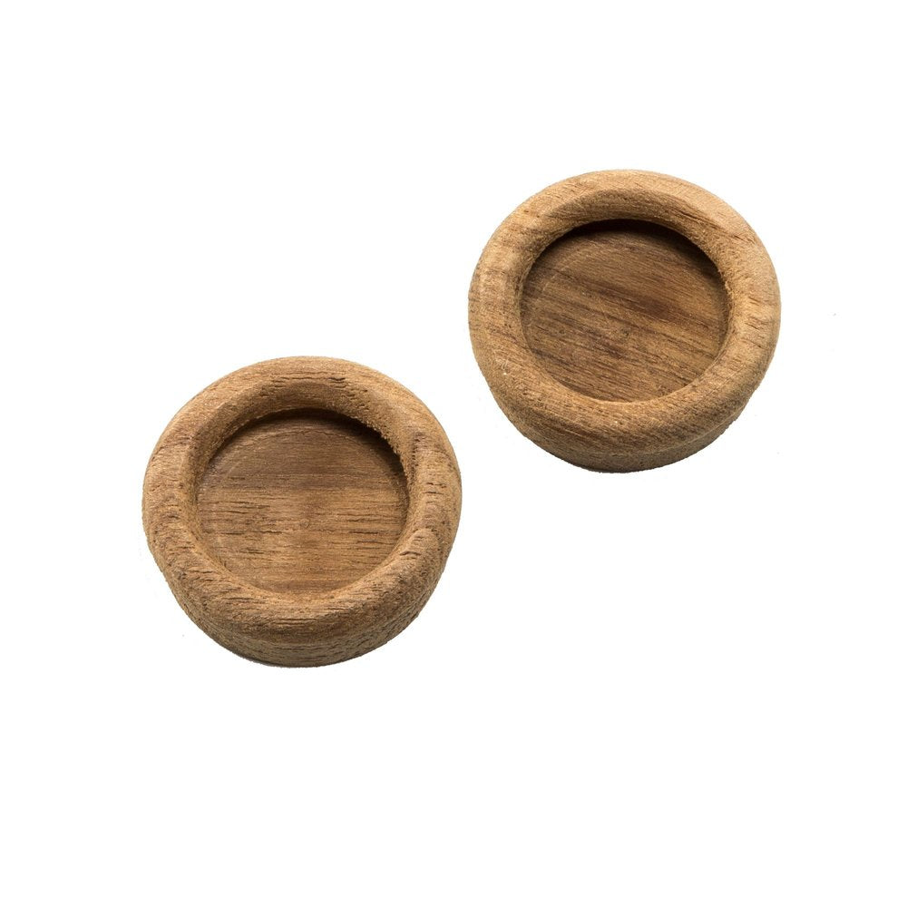 Set of Two Brown Wood Recessed Round Drawer Pull Knobs