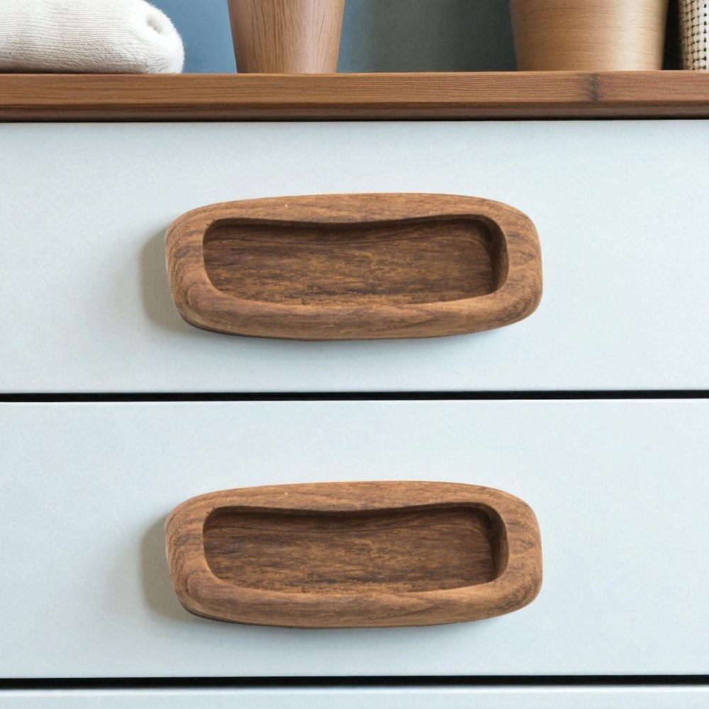 Set of Two Brown Teak Wood Drawer Pull Knobs