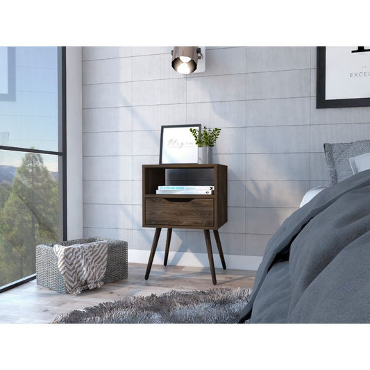 HomeRoots 25-inch wood nightstand with one drawer, natural finish, featuring a simple, functional bedside table design.