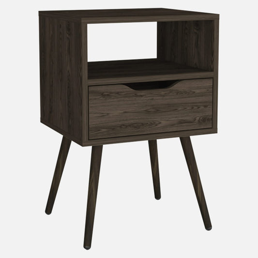 Wood nightstand with one drawer, 25-inch HomeRoots bedside table featuring a sleek design and natural wood finish.