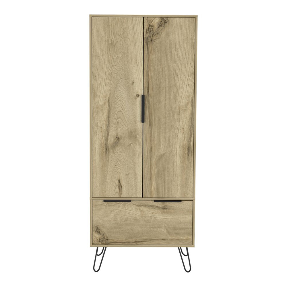 74" Oak Wood Two Door Single Drawer Combo Dresser