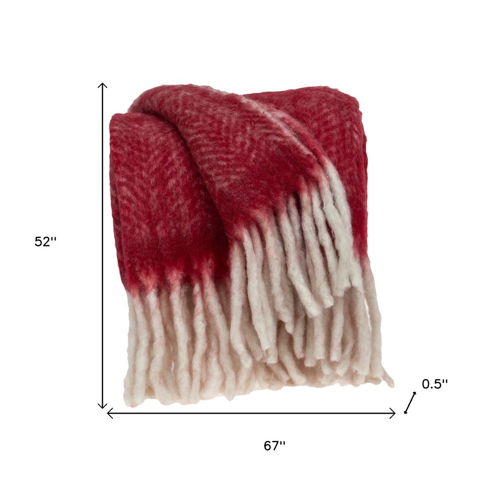 Red woven acrylic reversible throw blanket from HomeRoots, showing textured woven design and solid color on both sides.