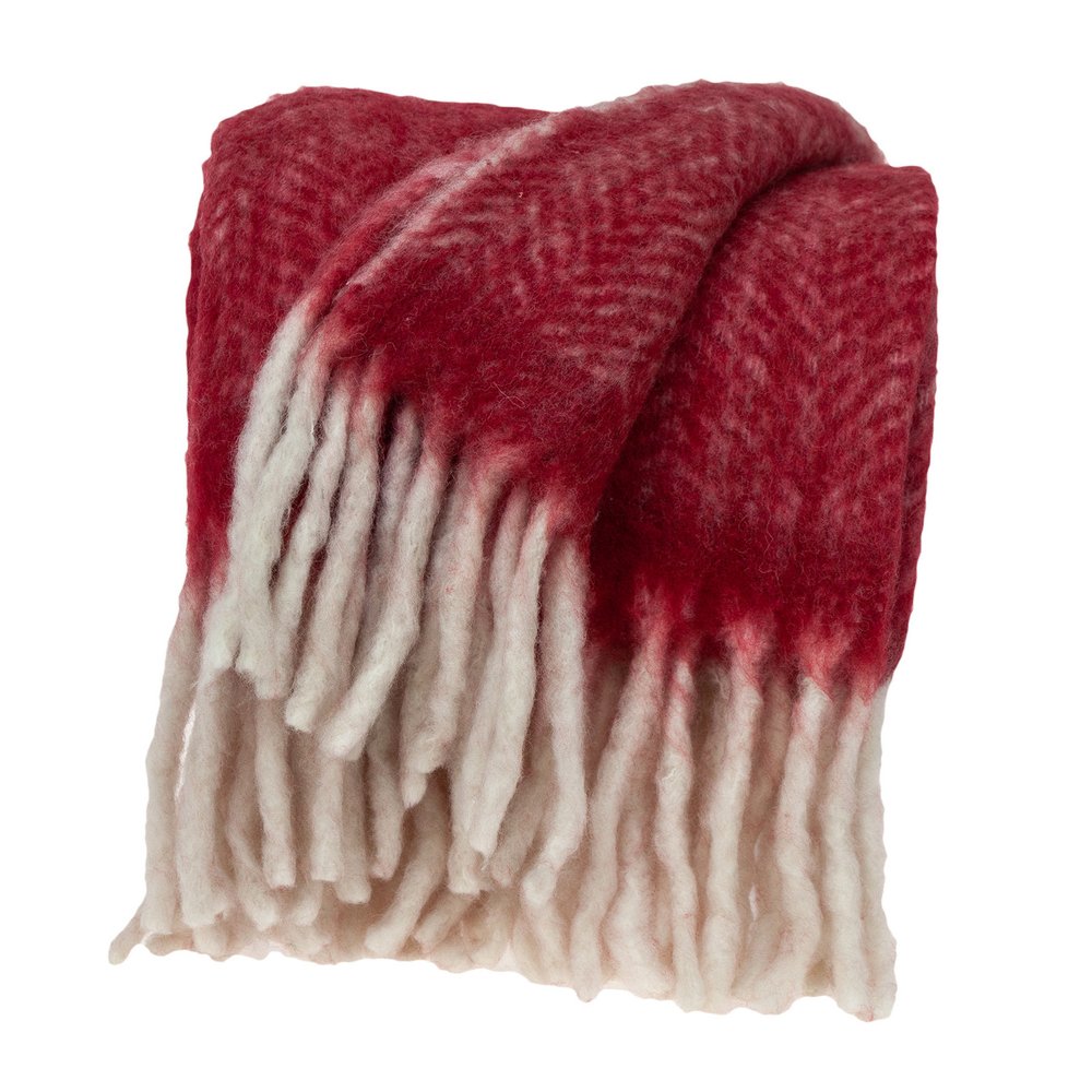 Red woven acrylic reversible throw blanket by HomeRoots, featuring a solid color and textured woven pattern, displayed folded.
