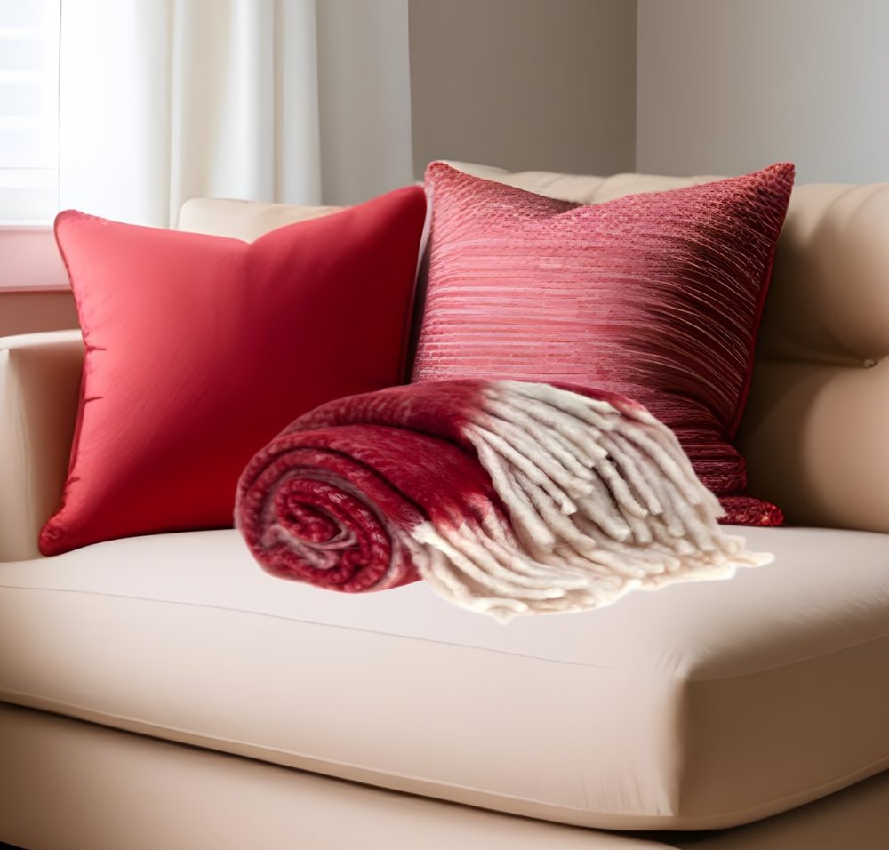 Red woven acrylic reversible throw blanket with solid color design from HomeRoots, showing both textured and smooth sides.