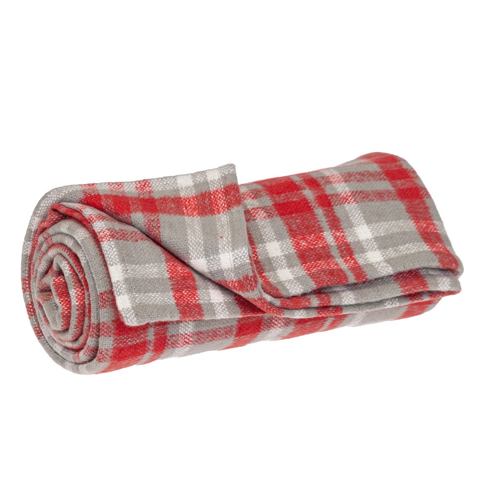 Red woven cotton plaid throw blanket from HomeRoots, showing soft textured fabric and classic plaid pattern on a cozy blanket.