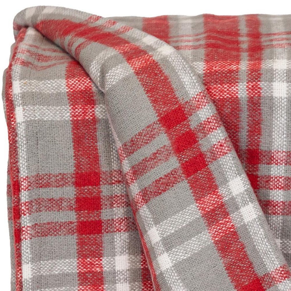 Red woven cotton plaid throw blanket from HomeRoots, showing soft, cozy fabric with a classic plaid pattern.