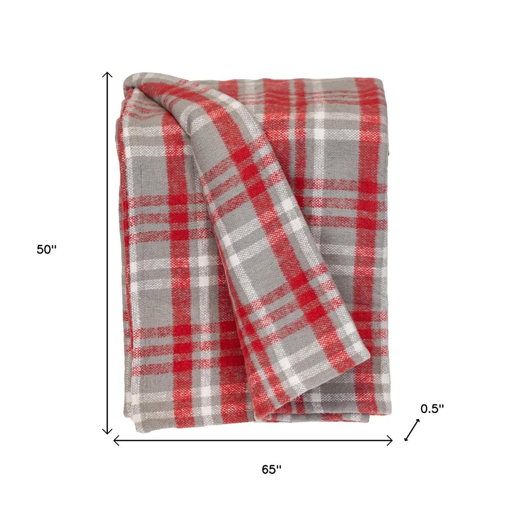 Red woven cotton plaid throw blanket from HomeRoots, featuring a cozy, classic plaid pattern and soft texture.