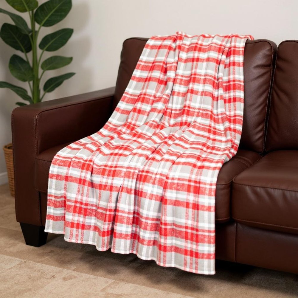 Red woven cotton plaid throw blanket with fringed edges, cozy home decor from HomeRoots.
