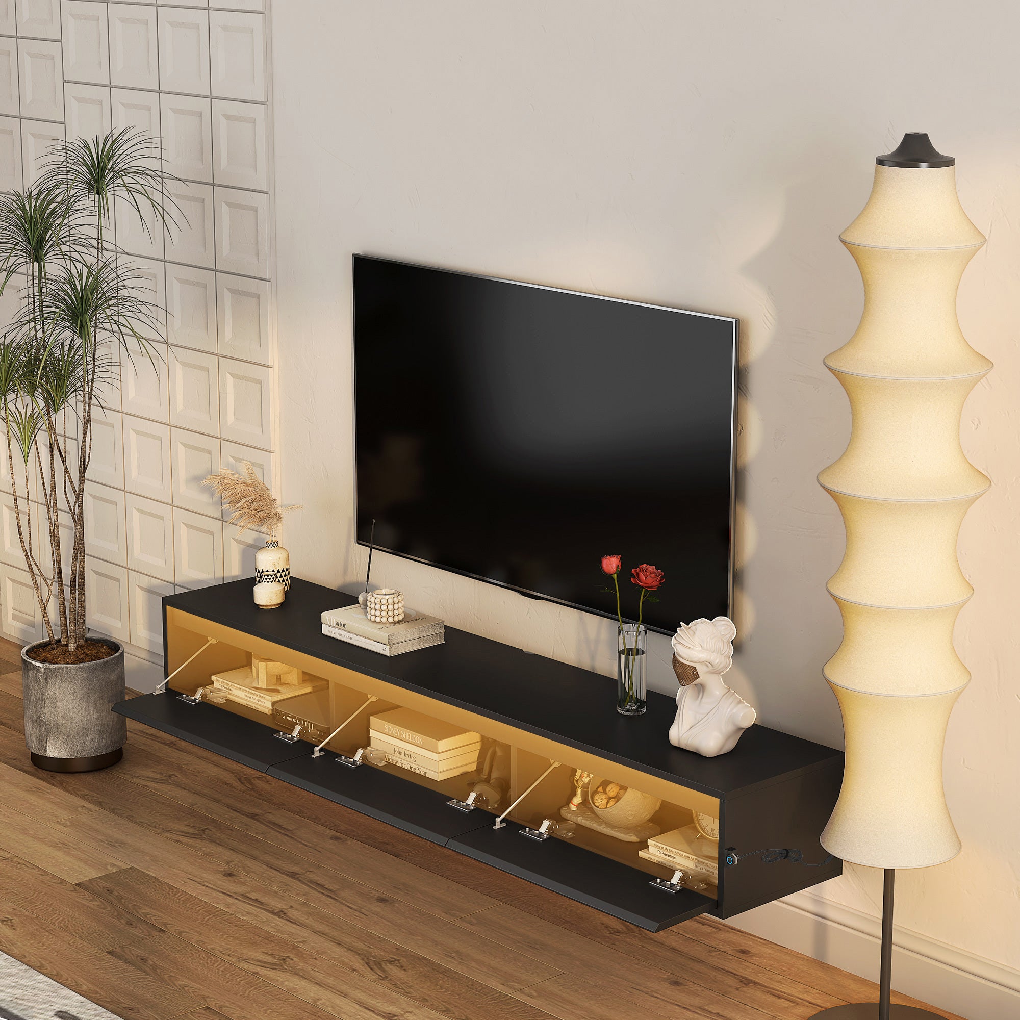 Floating Wall Mounted TV Stand With LED Lights Black