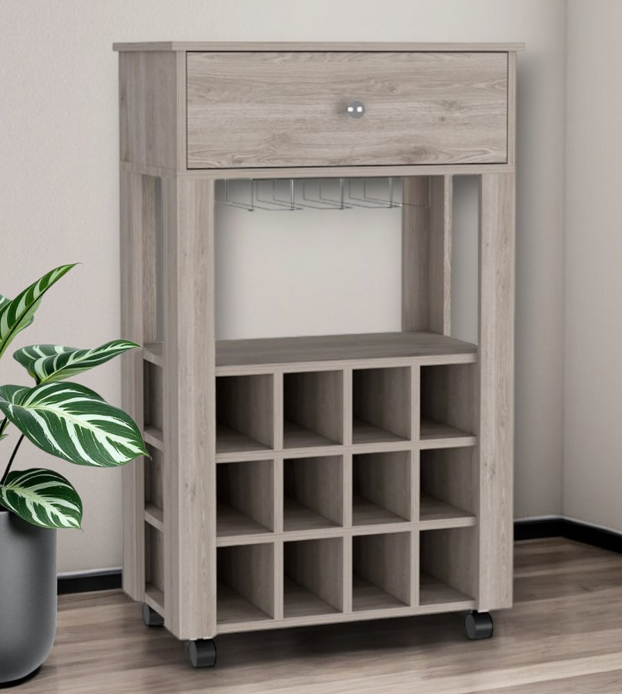 Light Gray Rolling Bar Cart With Wine Storage