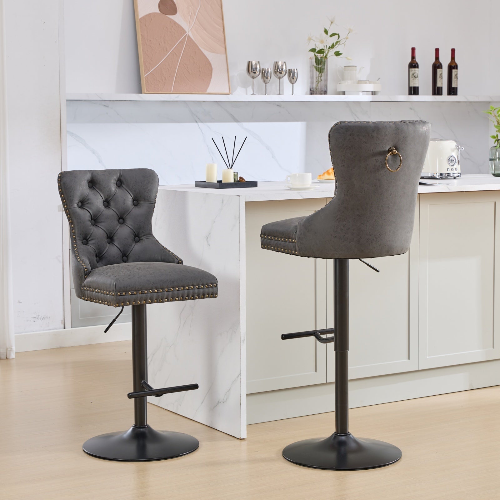 Set of two Anthony & Home tufted PU leather bar stools with adjustable height, 26-33 inches, modern design for kitchen or bar area.