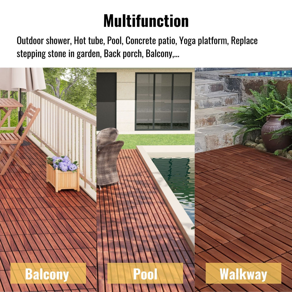 Anthony & Home Acacia Studio Interlocking Deck Tiles in striped pattern, 12-inch size, showcasing textured wooden surface for outdoor decking.