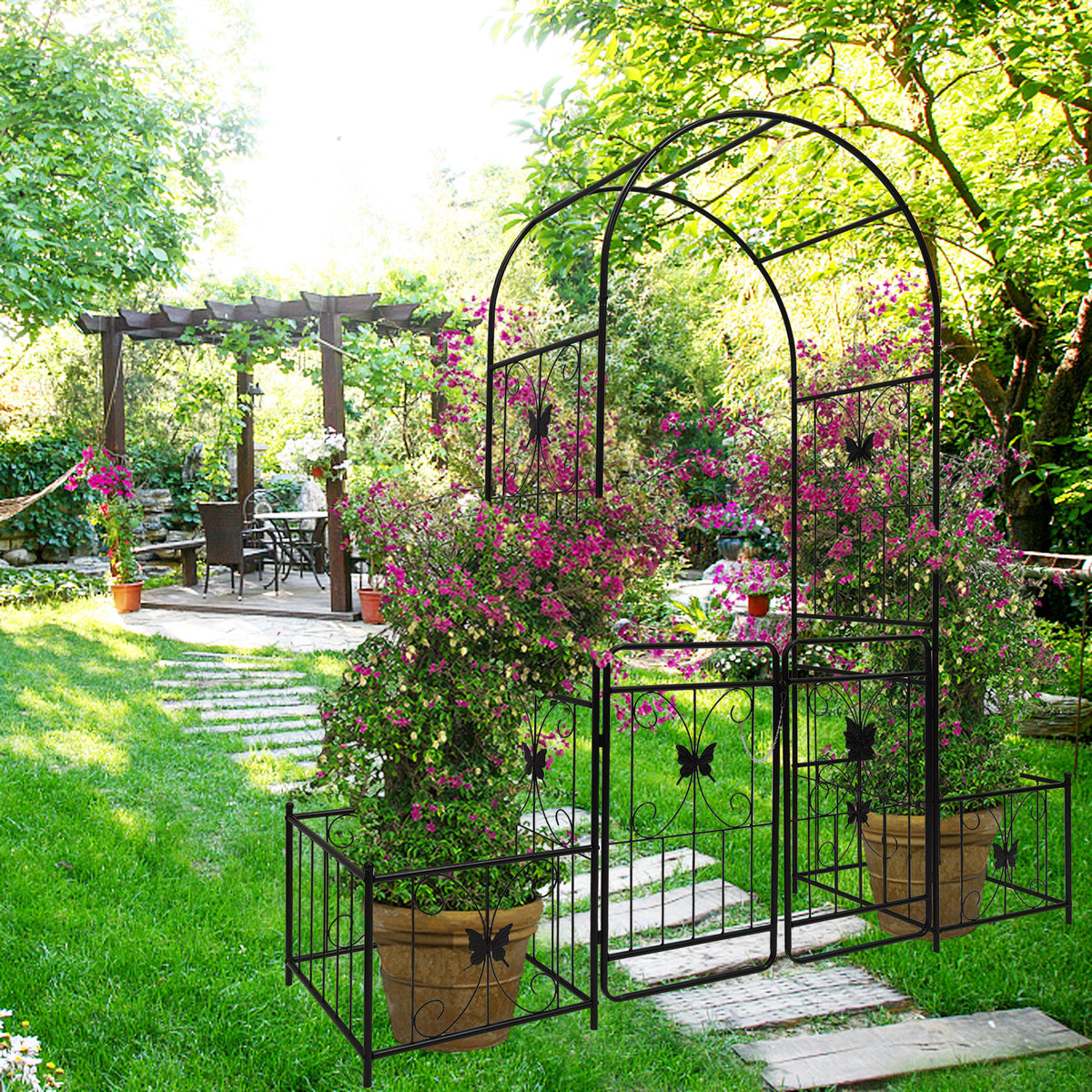 Black powder-coated metal garden arch with gate, 80 inches wide by 86 inches high, rose arbor style from Anthony & Home.