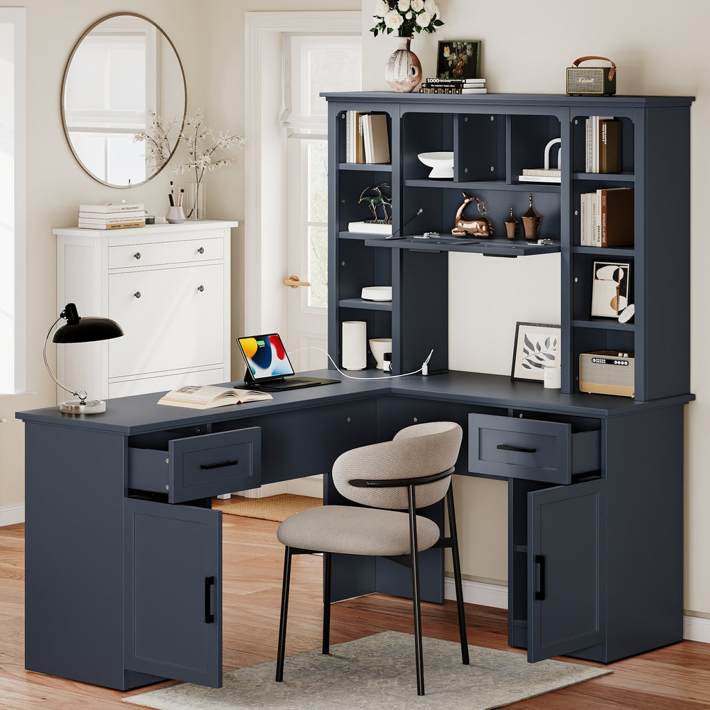 L-shaped Anthony & Home Atelier collection desk with power outlet, 2 cabinets, 2 drawers, 11 shelves, and a right flip shelf.