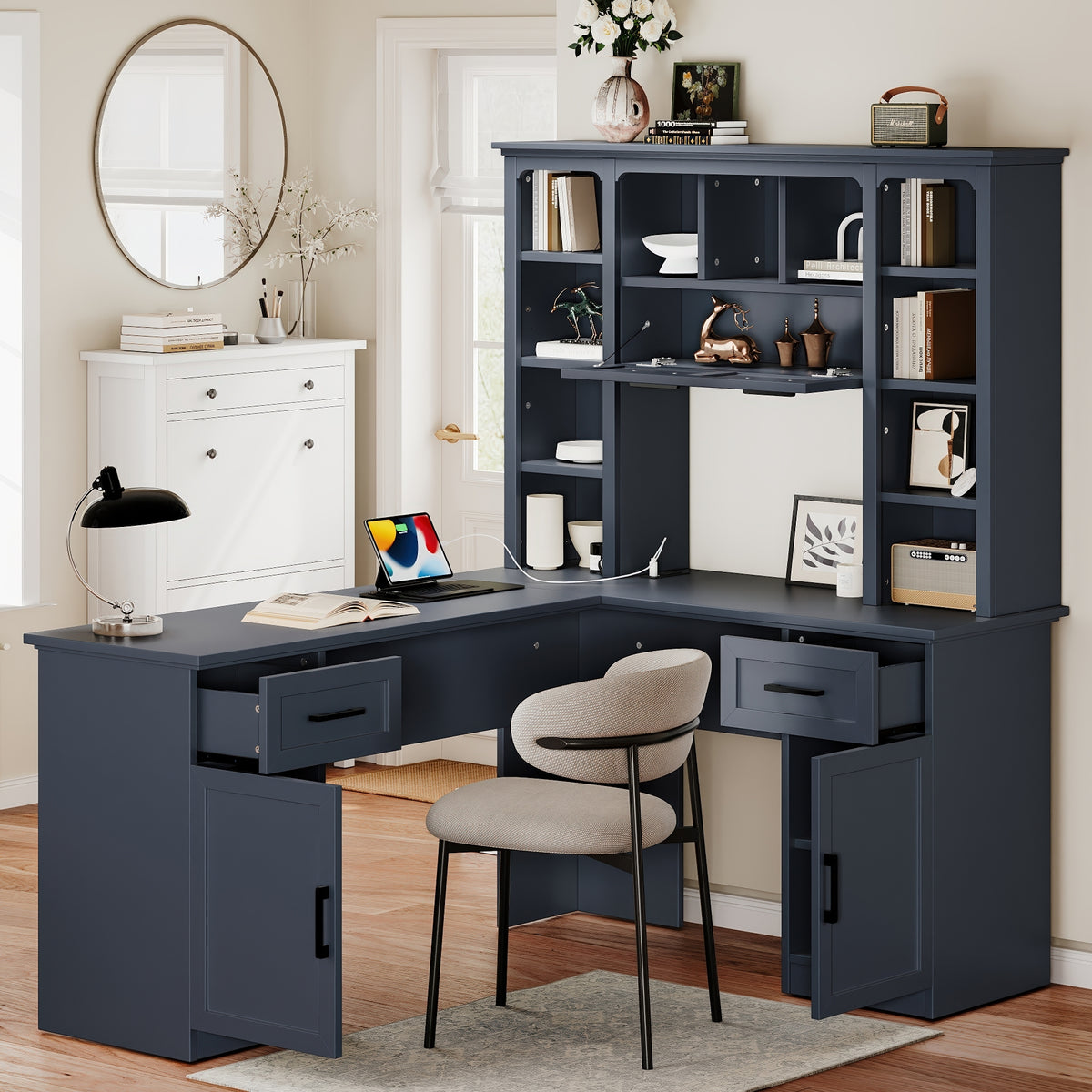 L-shaped Anthony & Home Atelier collection desk with power outlet, 2 cabinets, 2 drawers, 11 shelves, and a right flip shelf.