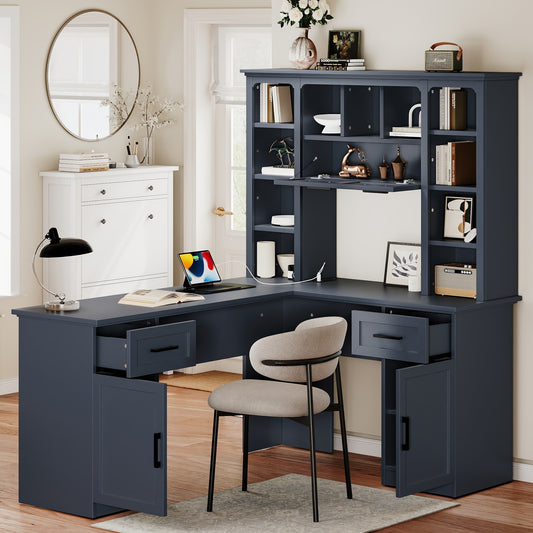 L-shaped Anthony & Home Atelier collection desk with power outlet, 2 cabinets, 2 drawers, 11 shelves, and a right flip shelf.