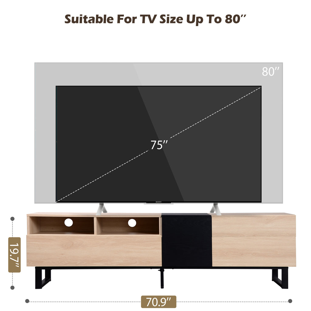 Natural wood TV console with dual storage drawers, Anthony & Home Studio Natural Wood TV Console for modern living rooms.