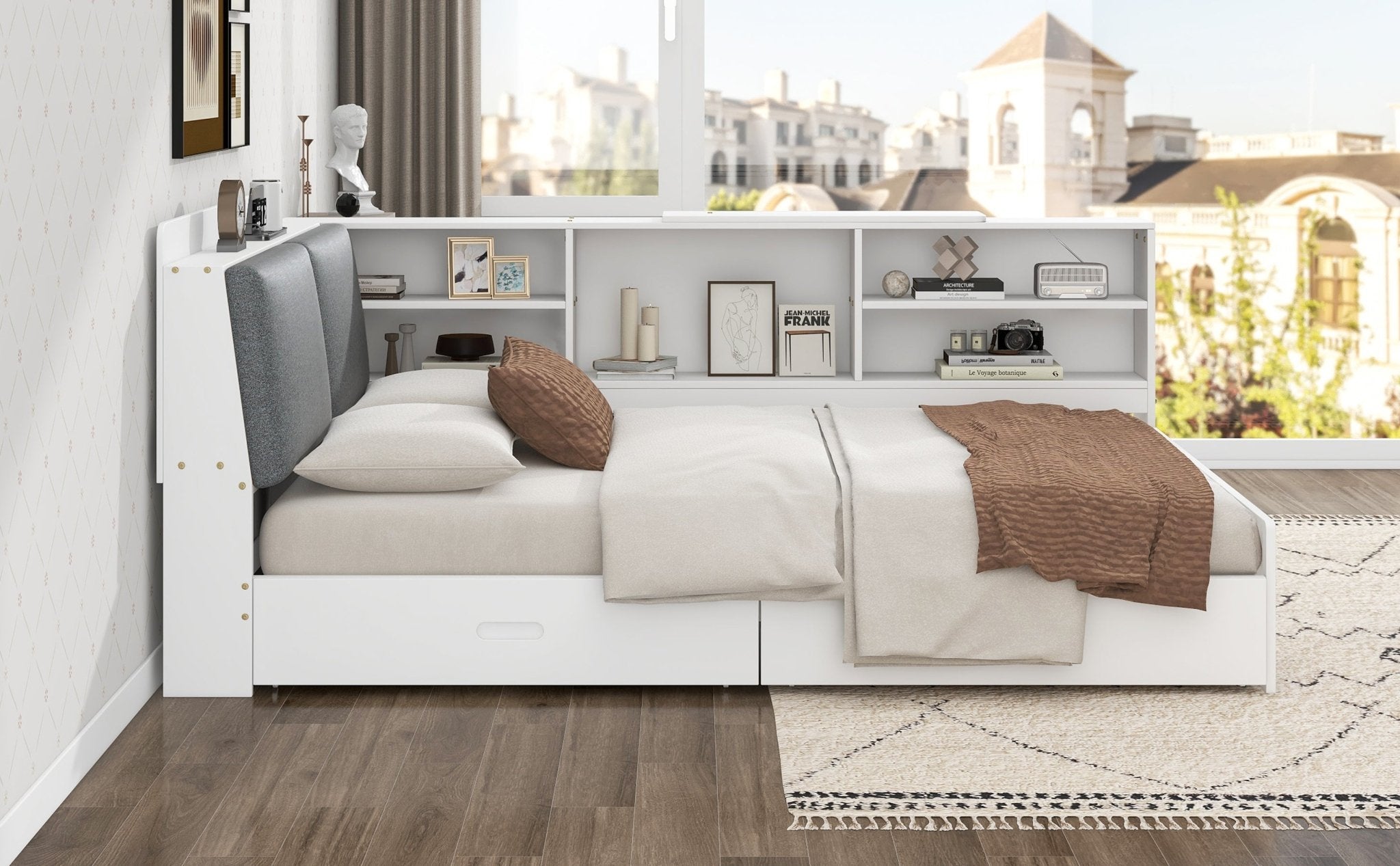 Anthony & Home studio solid wood platform bed with integrated storage headboard, showcasing a sturdy, stylish bedroom furniture piece.