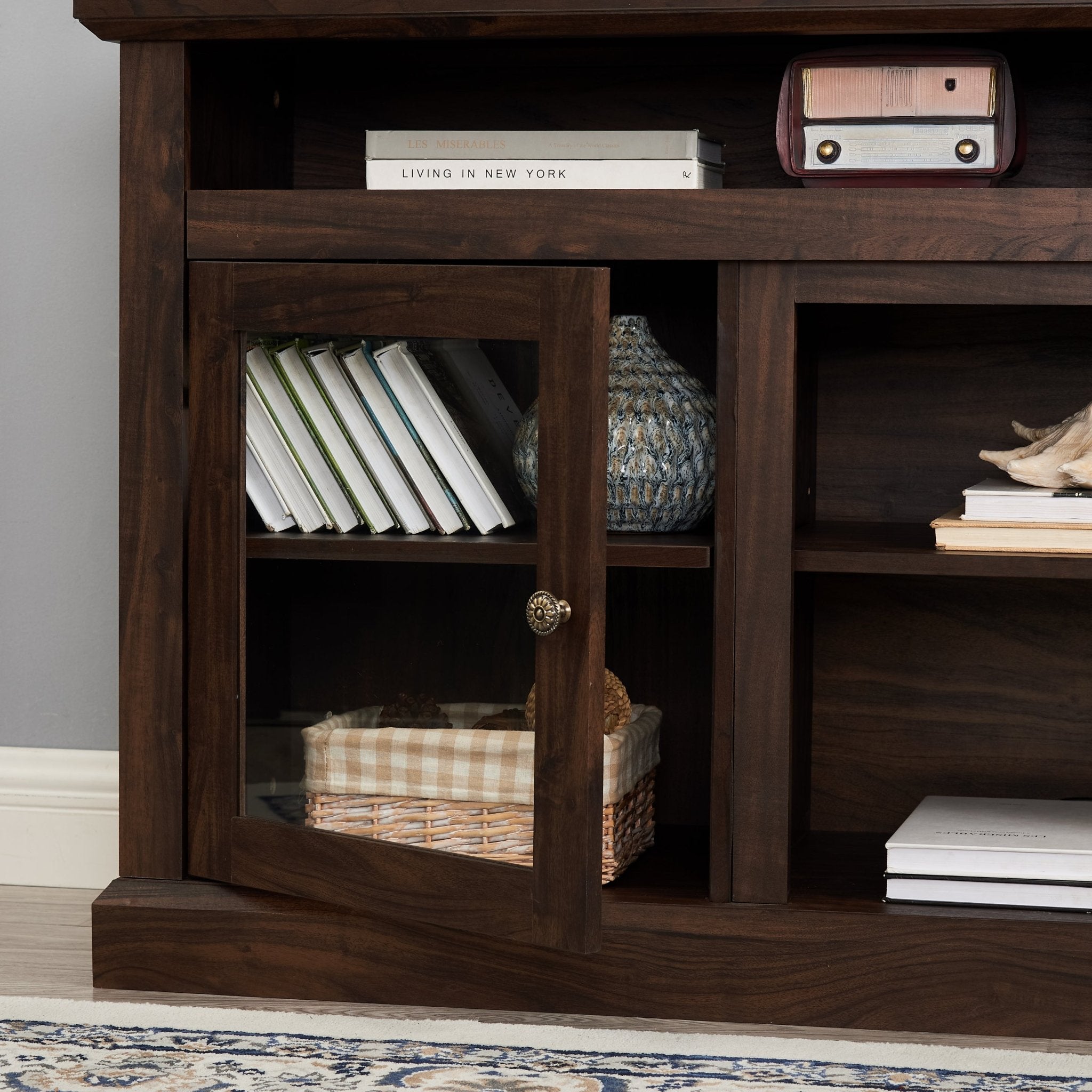 Contemporary walnut textured MDF TV media stand with open and closed storage from Anthony & Home collection.