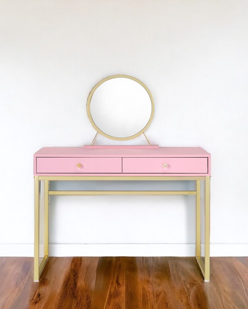 42" Gold And Pink Wood Vanity Table With Mirror And Two Drawers