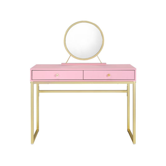 42" Gold And Pink Wood Vanity Table With Mirror And Two Drawers