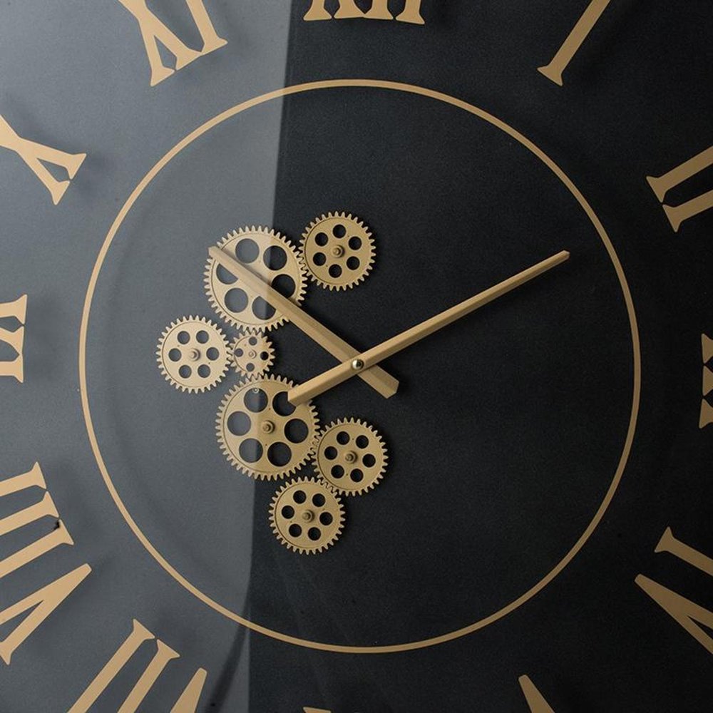 35" Black And Gold Glass And Metal Exposed Gear Square Wall Clock