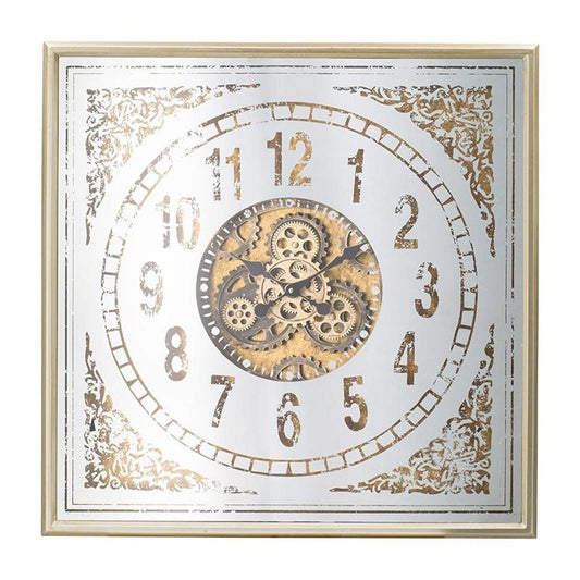 32" Square Gold and Silver Wood and Mirror Analog Exposed Gear Wall Clock - Anthony & Home
