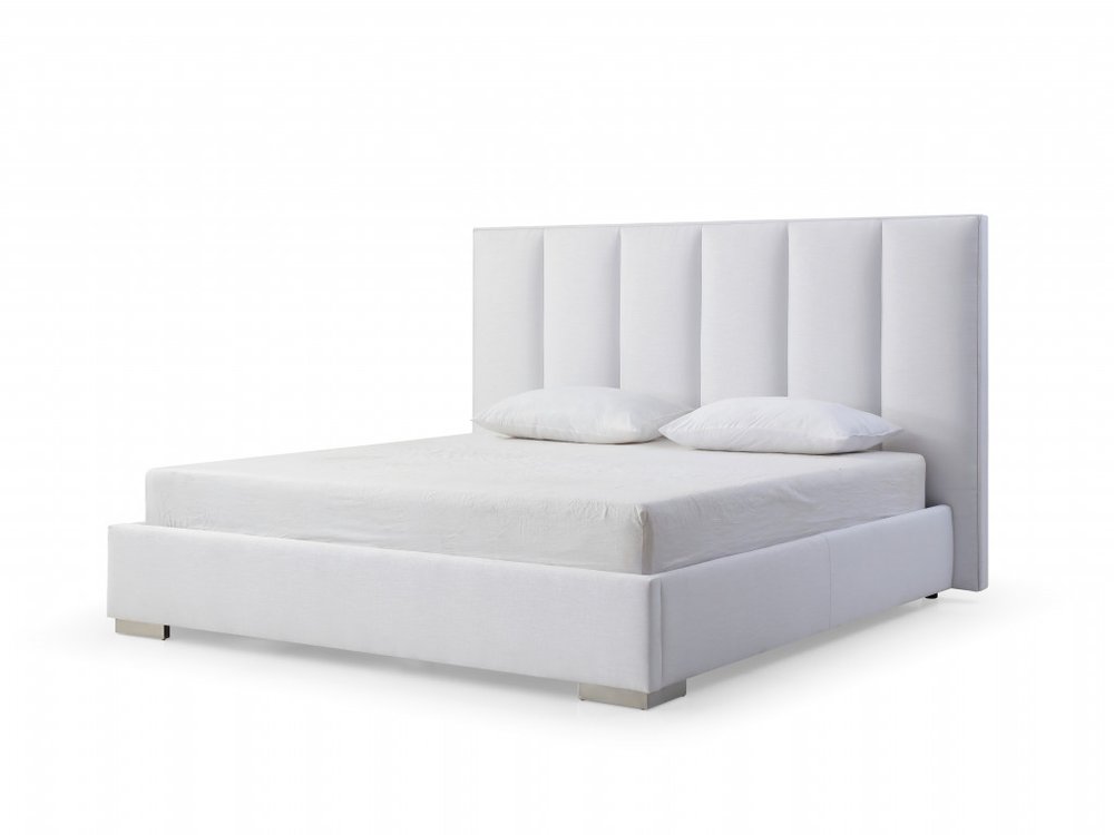 White Ribbed Texture Velvet Upholstered Queen Bed Frame