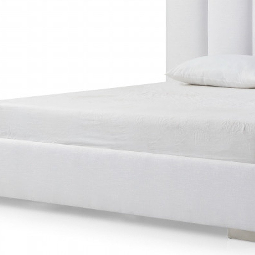 White Ribbed Texture Velvet Upholstered Queen Bed Frame