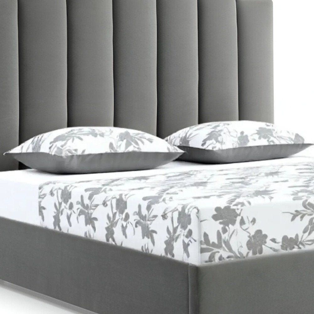 Queen Grey Upholstered Vertical Channel Velvet Bed with USB