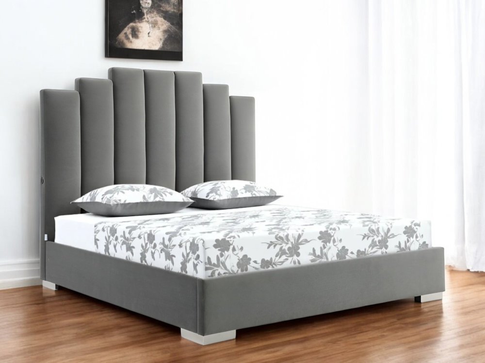 Queen Grey Upholstered Vertical Channel Velvet Bed with USB