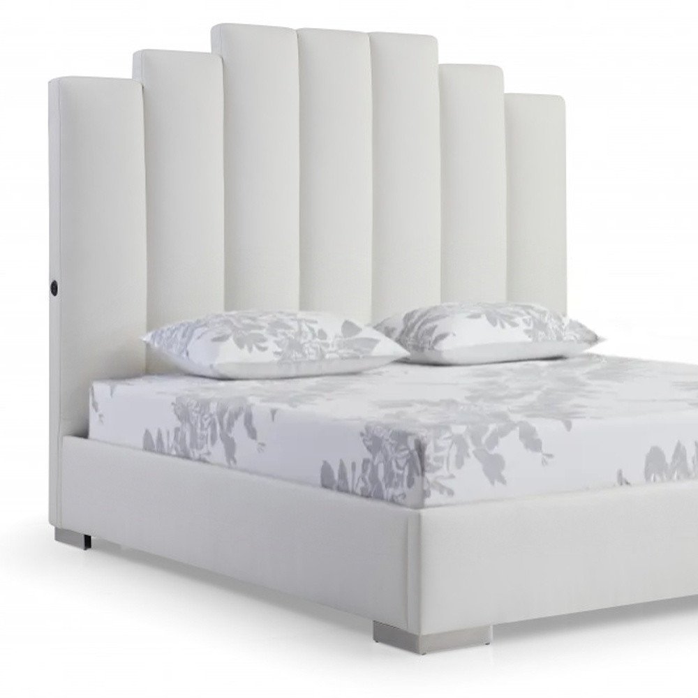 White Wood And Faux Leather Queen Bed Frame with USB