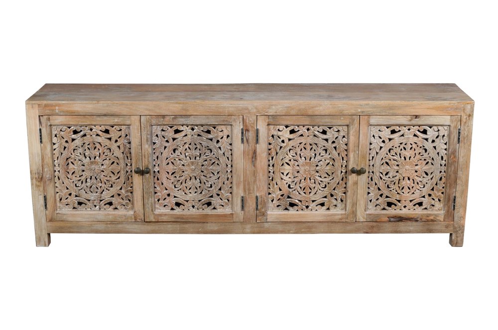 86" Natural Carved Floral Distressed Solid Wood Enclosed Storage TV Stand