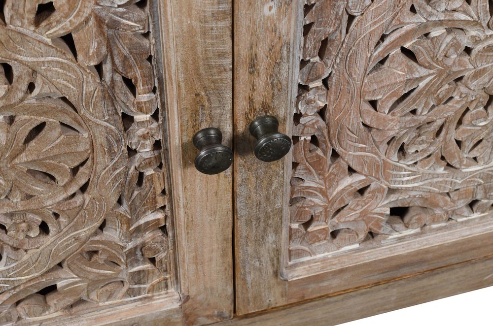 86" Natural Carved Floral Distressed Solid Wood Enclosed Storage TV Stand