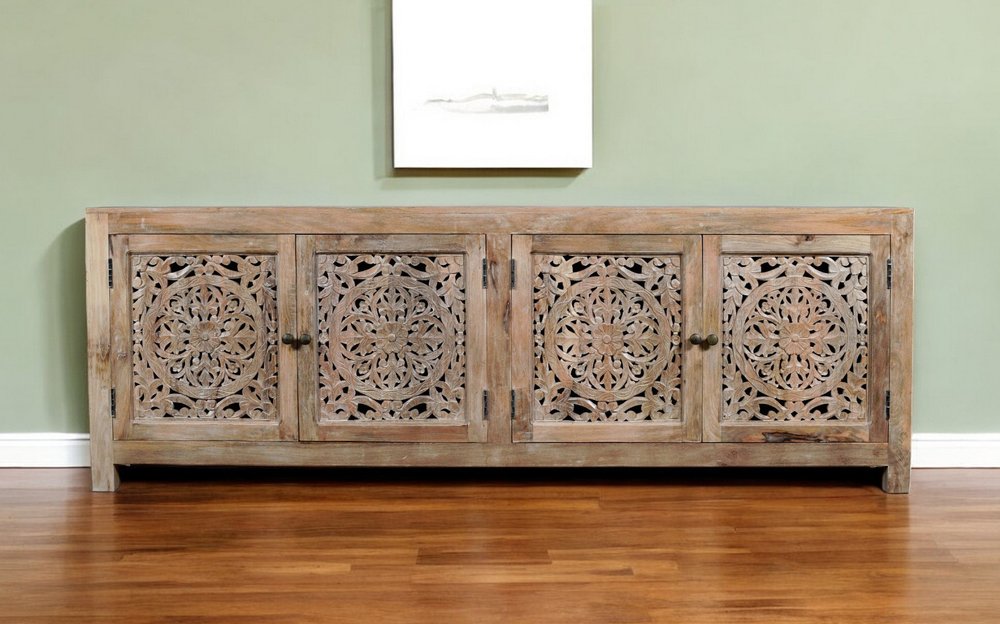 86" Natural Carved Floral Distressed Solid Wood Enclosed Storage TV Stand