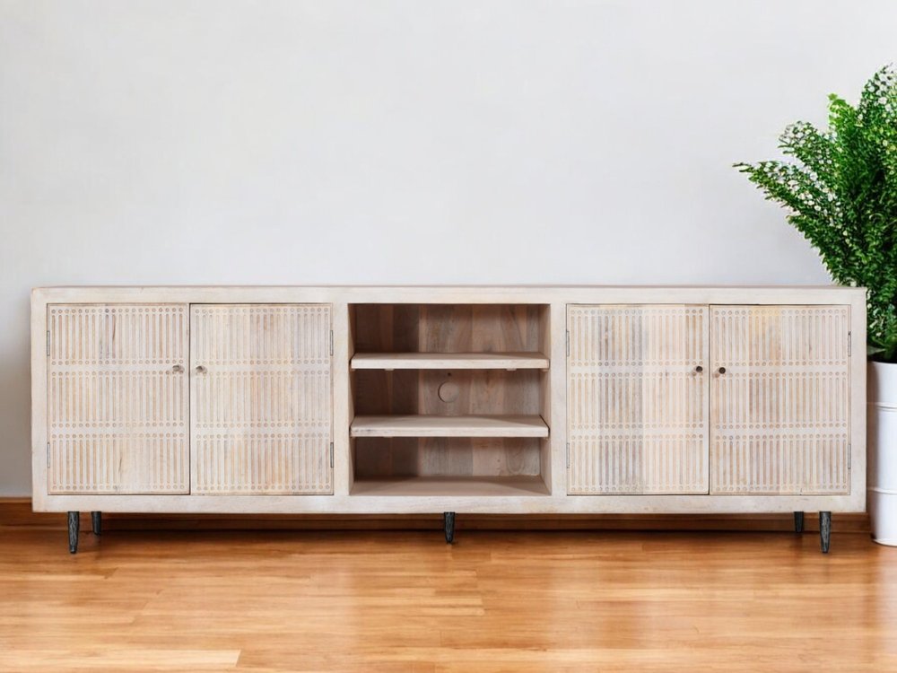 92" Ivory Carved Geometric Distressed Solid Wood Enclosed and Open Storage TV Stand