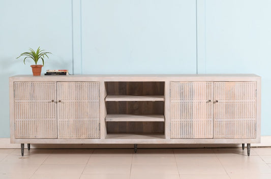 92" Ivory Carved Geometric Distressed Solid Wood Enclosed and Open Storage TV Stand - Anthony & Home