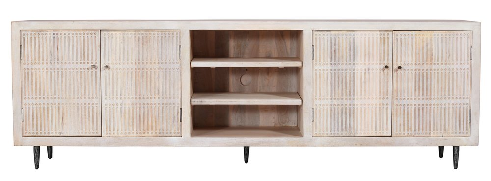 92" Ivory Carved Geometric Distressed Solid Wood Enclosed and Open Storage TV Stand