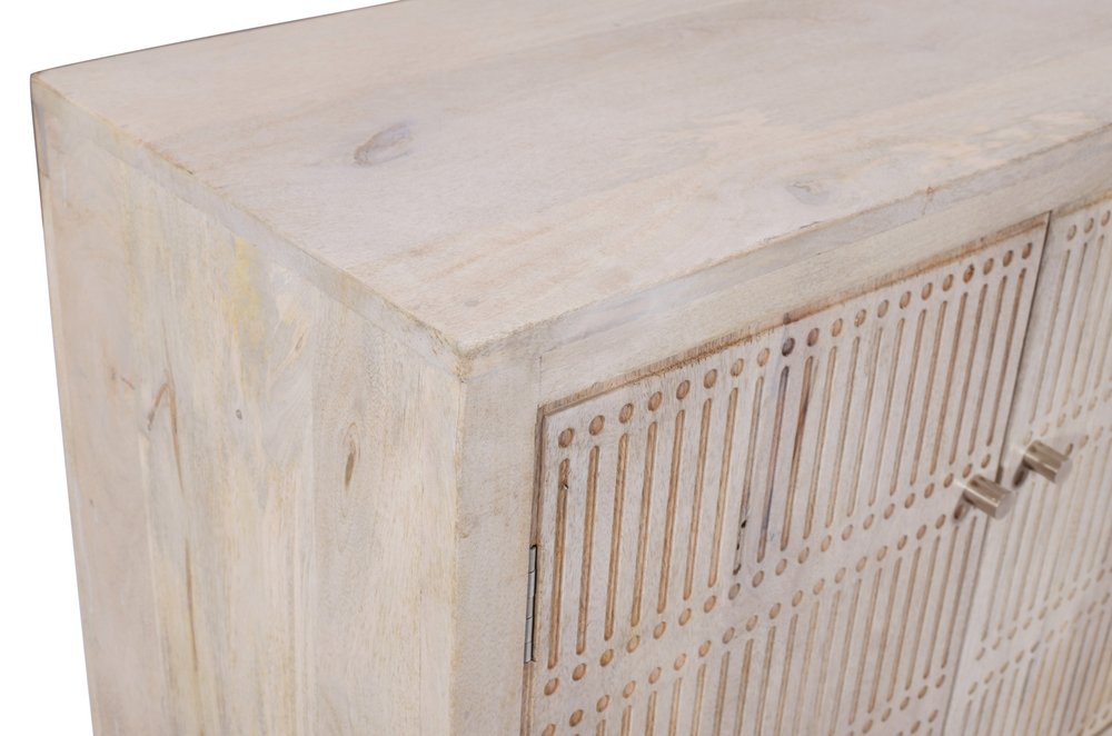 92" Ivory Carved Geometric Distressed Solid Wood Enclosed and Open Storage TV Stand