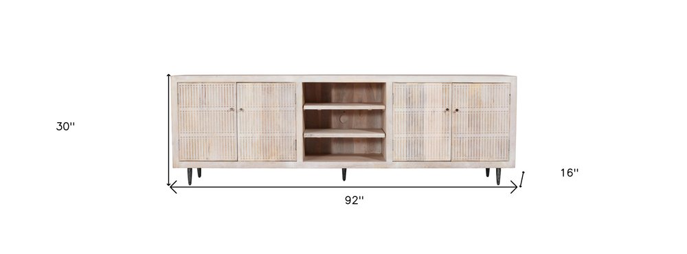 92" Ivory Carved Geometric Distressed Solid Wood Enclosed and Open Storage TV Stand