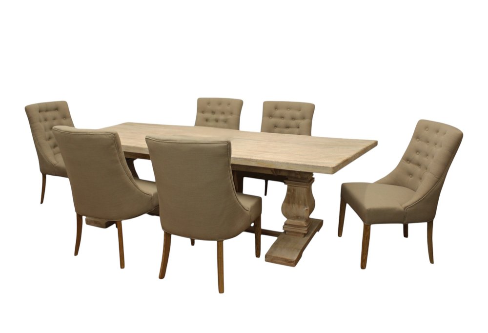 Seven Piece White Solid Wood Dining Set with Six Chairs