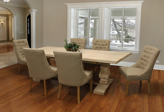 Seven Piece White Solid Wood Dining Set with Six Chairs