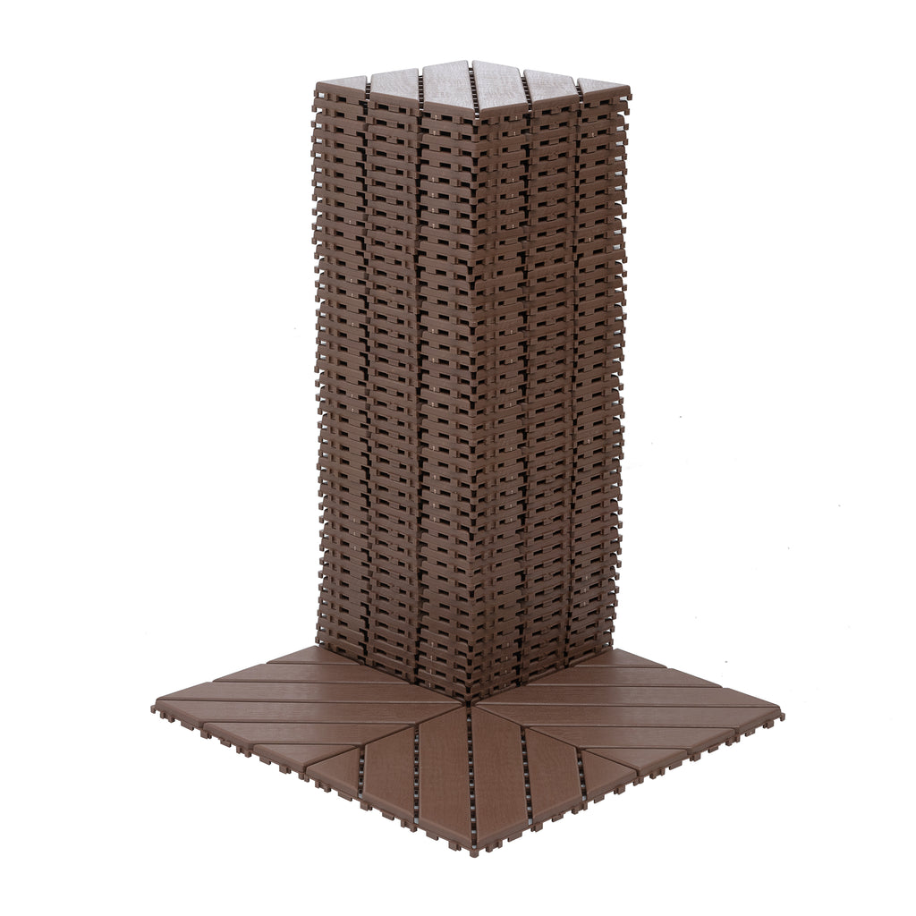 Brown interlocking deck tiles made of polypropylene from Anthony & Home, showcasing a durable outdoor flooring design.