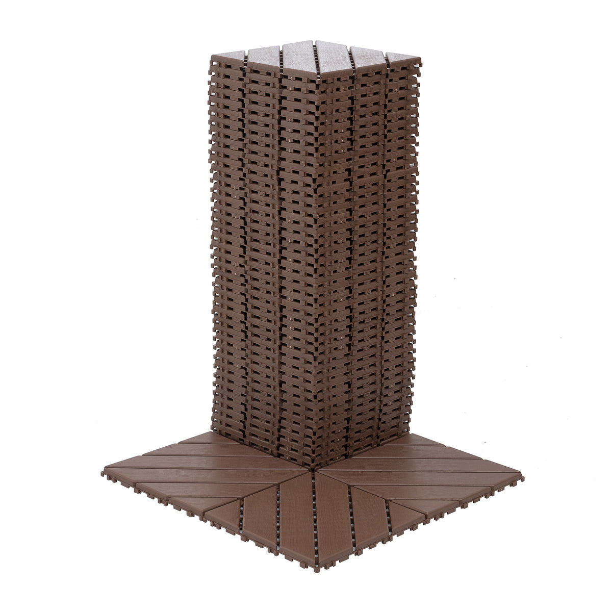 Brown interlocking deck tiles made of polypropylene from Anthony & Home, showcasing a durable outdoor flooring design.